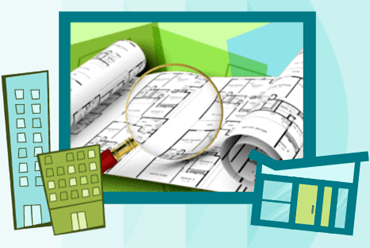 Illustrations of high rise buildings and a house surrounding a roll of building plans on a teal geometric background. 