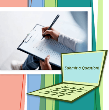 Person filling out form on clipboard next to an illustration of a computer with the words `Submit a Question` on the screen, on a multicolor geometric background. 
