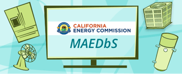 Refrigerator, fan, HVAC and water heater illustrations surrounding an illustrated computer screen with the words “California Energy Commission MAEDbS” on a teal geometric background.