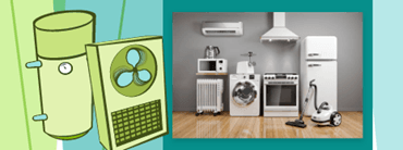Display of multiple home appliacances on a teal geometric background with a water heater and fan illustration. 