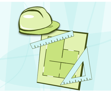 Illustration of a hard hat, building plan, ruler and triangle ruler on a teal geometric background. 