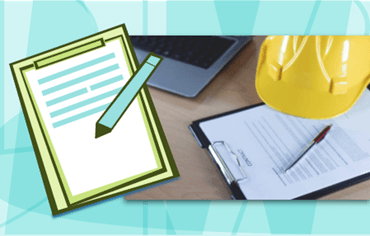 Hard hat and clipboard next to illustration of a clipboard on a teal geometric background.