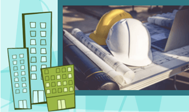 Hard hats on rolls of building plans next to high rise building illustrations on a teal background. 