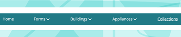 Home, Forms, Buildings, Appliances and Collections navigation bar on a teal geometric background. 