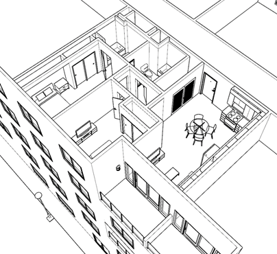 Figure 18: Mid-Rise Multifamily: 5th Floor, 2-Bedroom Apartment, Plan View with North and East Elevations