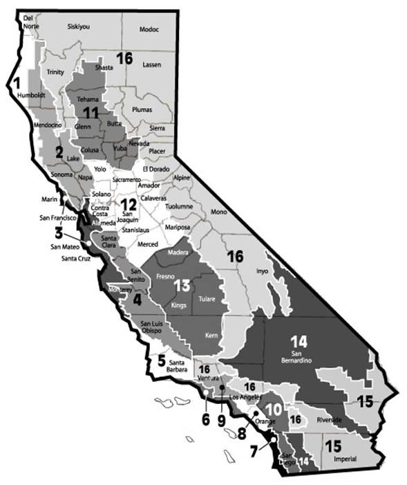Picture of a Map of California Climate zones. California has a diversity of climates not seen in other states, and the statewide provisions adopted into the California Energy Code accounts for these variations using a set of sixteen climate zone