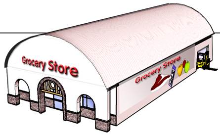 Example graphic of a groceries store pictured with a barrel roof. 
