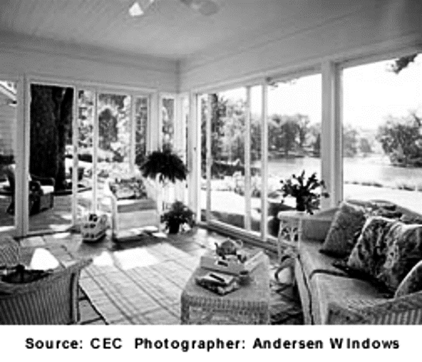 A sunroom addition with a large windows