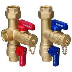 A catalog-quality photo of two brass valves having color-coded handles (red for hot water service and blue for cold).