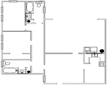 Floor plan view showing placement of water fixtures in a home.