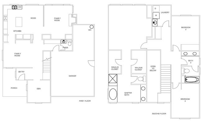 Image showing a common production home floorplan and remote water heater location.